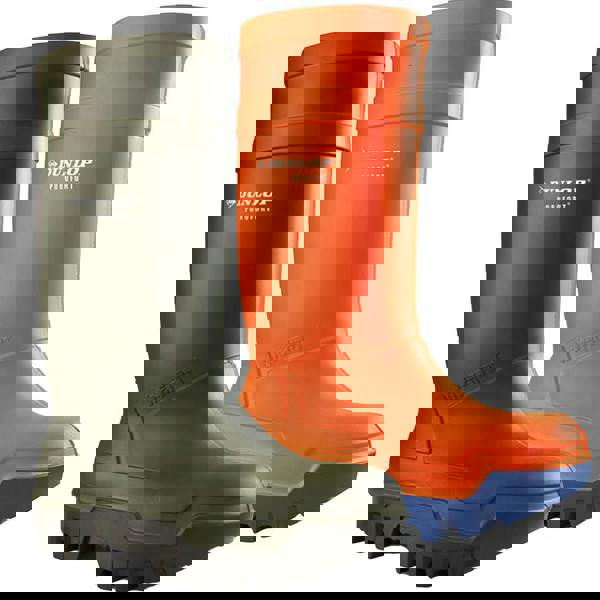 Dunlop PuroFort Thermo+ Mens Safety Work Steel Toe/Midsole S5 Wellington Wellies, image of two safety wellington boots, one in green and one in orange with blue sole, designed for industrial safety.