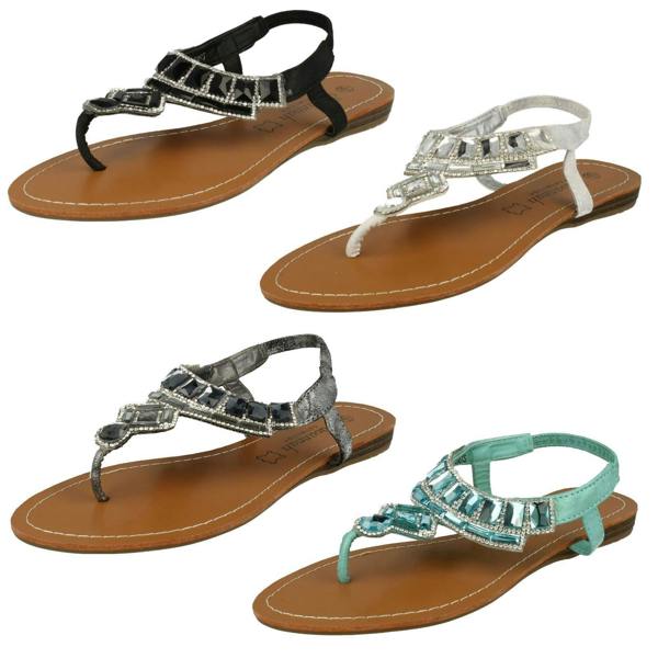 Savannah Ladies Savannah Flat Diamante Jewel Trim Toe Post Sandal