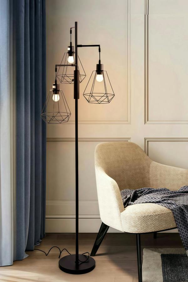 Living and Home Modern Industrial Black 3-Head Floor Lamp with Diamond Cage Shade