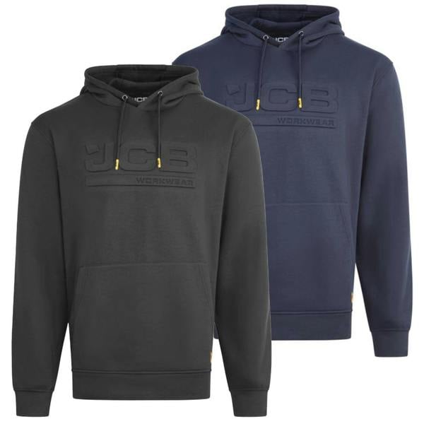 JCB Embossed Mens Trade Work Pullover Sweat Shirt Hoodie, navy and black color, with embroidered JCB logo and hoodie design.