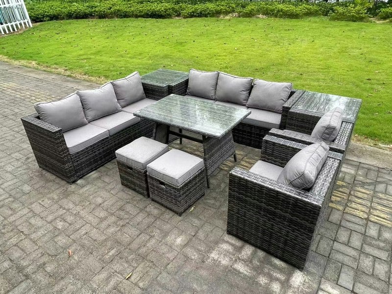 Fimous Wicker Rattan Outdoor Furniture Lounge Sofa Garden Dining Set with Dining Table 2 Side Tables 2 Stools 2 Armchairs 10 Seater Dark Grey Mixed
