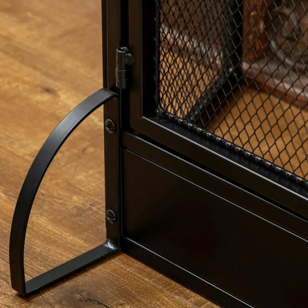 Black fireplace spark guard base stand and lower frame with mesh door panel