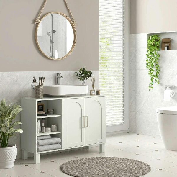 Under Sink Cabinet, Bathroom Sink Cabinet with U-Shaped Cutout, Two-Level Cupboard, Adjustable Shelf for Basin, Cream - Cream (soft off-white)