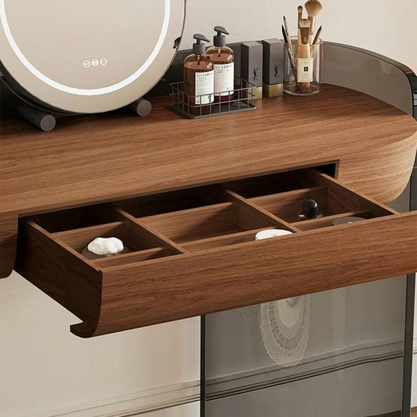 Thomas Dressing Table With Large LED Mirror, Walnut & Black-Weilai Concept-Weilai Concept