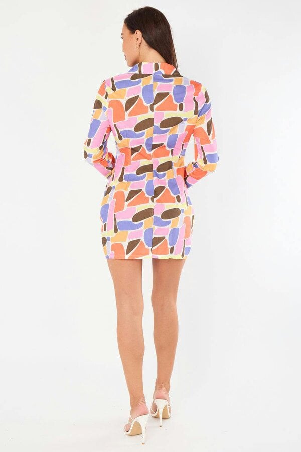 Multicolour Ruched Shirt Dress – Long Sleeve Button Front