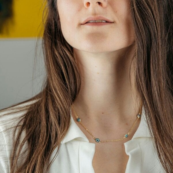 The Colourful Aura Evil Eye Gold and Silver Charm Protection Turkish Eye Blue Bead Choker Necklace