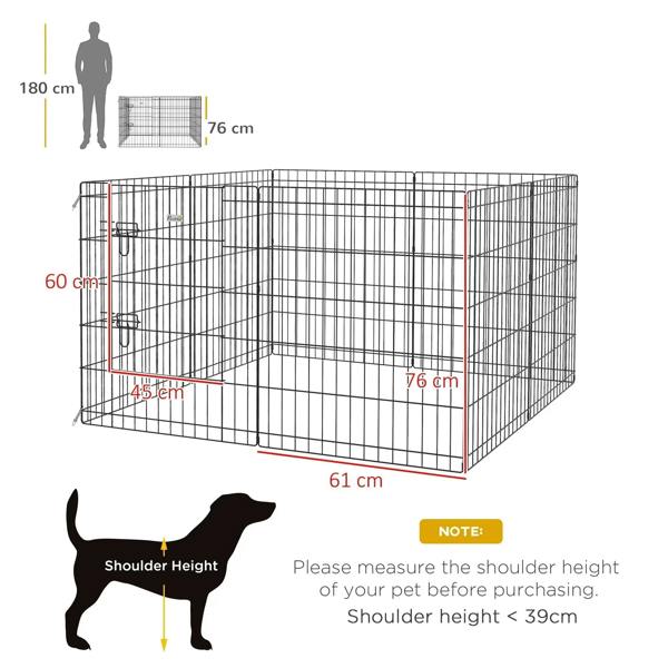 Black wire dog pen with door, shown with size measurements for enclosure dimensions