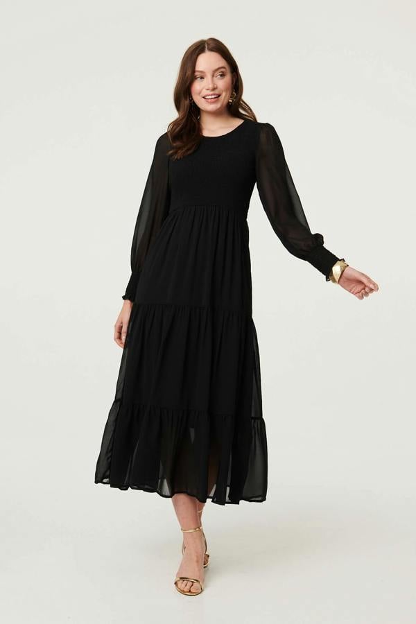 Black | Semi Sheer Layered Tiered Maxi Dress