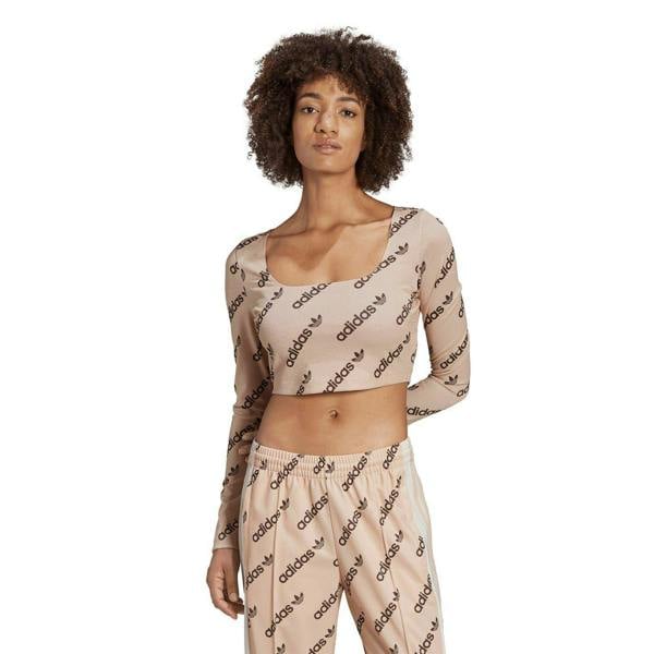 Adidas Womens/Ladies Originals Square Neck Long-Sleeved Crop Top - Beige - 