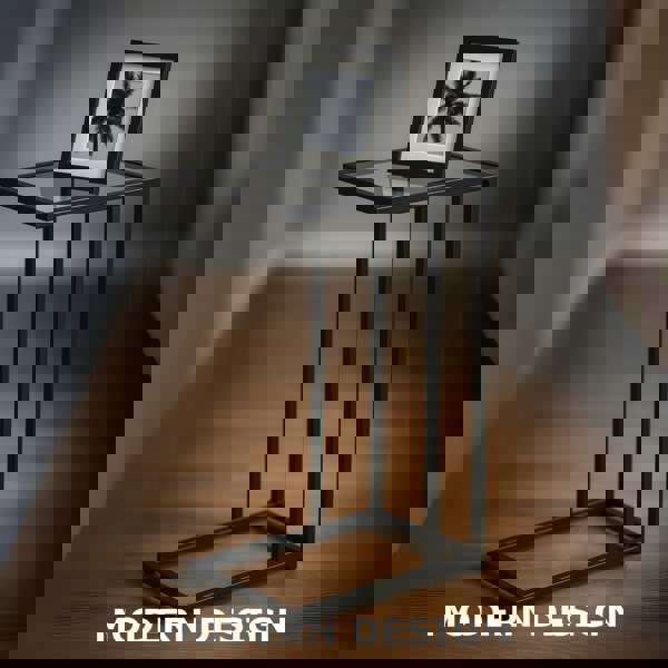 Storvo Tempered Glass C Shape Metal Side Table Black