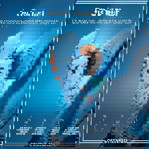 A blue stainless steel water bottle, with a flip top, is being held; its lid opens with one hand. The bottle features a cartoon shark design. "One Touch. Flip top opens one-handed with a simple click." Features include: "Flips open with a simple click," "One-handed use on the go," "Triple lock security," "100% leak proof - no twisting, no leaks." POD STAINLESS STEEL.