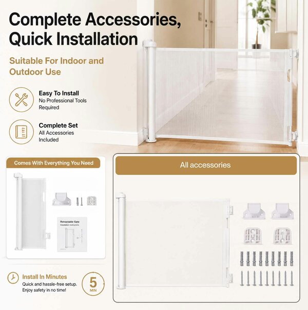 Dekko Retractable Stair Gate One Hand Lock 150cm PVC Mesh For Hallways Grey
