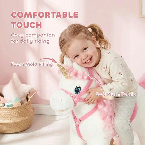 Rocking Horse, Unicorn Kids Ride on Horse with Rocking Limit, Hoofbeats, Neighing, Moving Mouth & Tail, for 1-3 Y, White