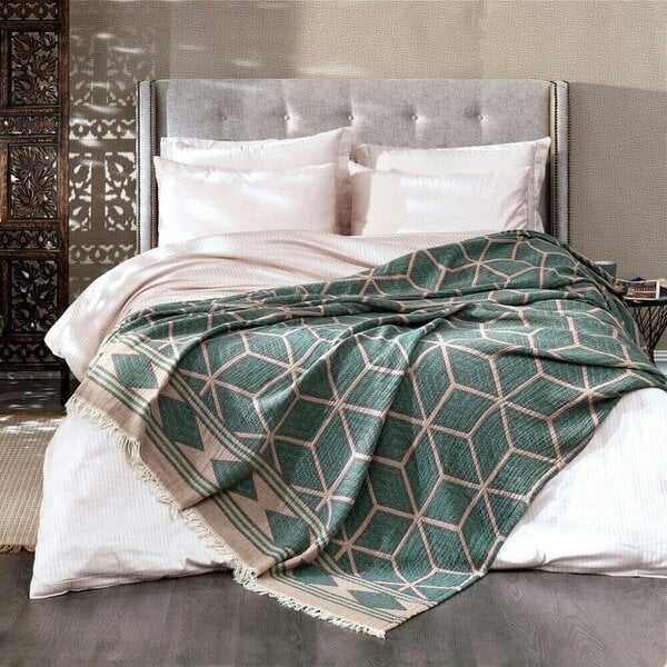 Cotton and Olive Ela Soft Jacquard Cotton Bedspread, Bottle Green | SECONDS