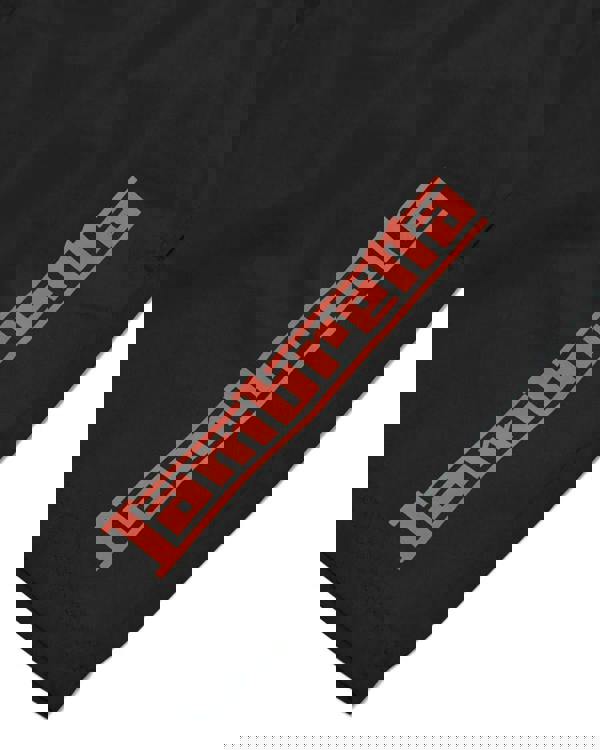 Lambretta Mens Swimming Casual Summer Shorts, black shorts with red graphic logo print.