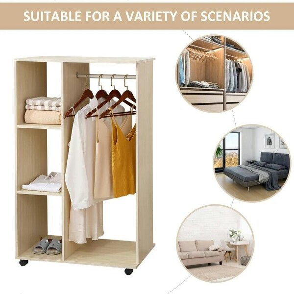 Open Wardrobe on Wheels, Bedroom Wardrobe - Clothes Hanging Rail, 3 Storage Shelves, Mobile Garment Rack for Hallway, Maple Wood-Effect