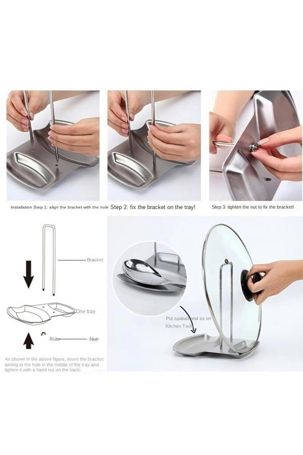 Dyzi Stainless Steel Pot Lid Rack with Drain Tray and Spoon Rest