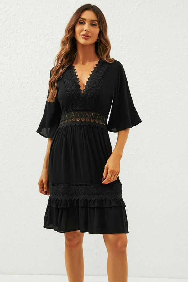 FS Collection V Neck Lace Mini Dress In Black