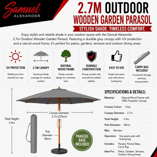 Samuel Alexander 2.7m Outdoor Wooden Garden Parasol Sun Shade with Carry Bag in Grey with 9kg Base Included