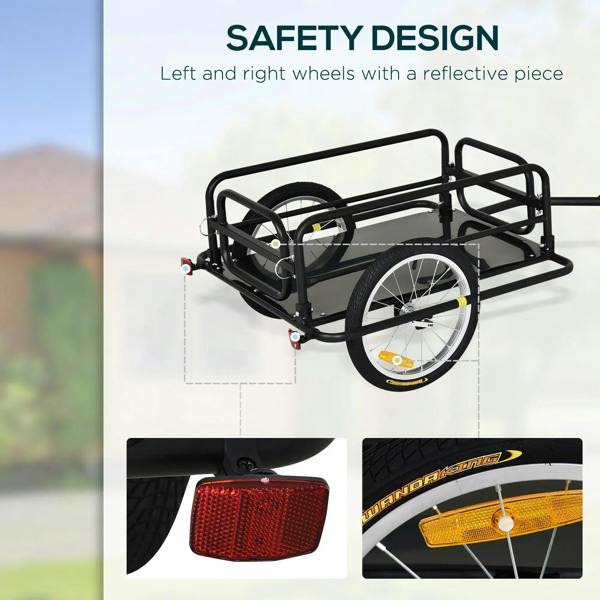 Black bike cargo trailer with safety lights on rear, steel side rails, and wheel visible