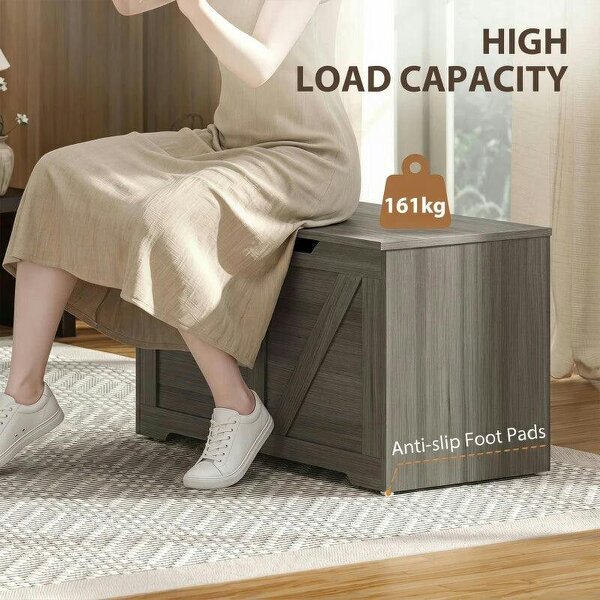 127L Home Storage Box, with Safety Hinges - Dark Grey Wood-Effect