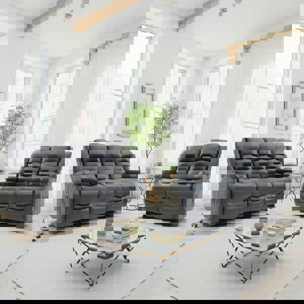 Furnishings For Less Arlo Leather Like Black or Grey 3 + 2 Electric Reclining Sofa Suite USB Charging + Drinks Tray