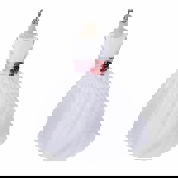 Morgan dress in white with pink sash on mannequin