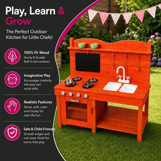 Neo Red Wooden Outdoor Mud Kitchen Kids Garden Play Double Sink