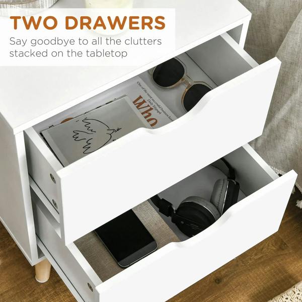 White side table with two open drawers, cut-out drawer pulls, and pine legs