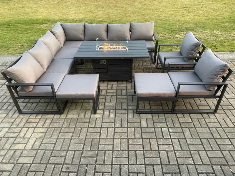 Fimous Aluminium 11 Seater Garden Furniture Outdoor Set Patio Lounge Sofa Gas Fire Pit Dining Table Set with 2 Chair 2 Big Footstools Dark Grey