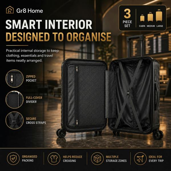 Gr8 Home 3 Piece Hard Shell Luggage Suitcase Set Cabin Medium Large TSA Lock Black