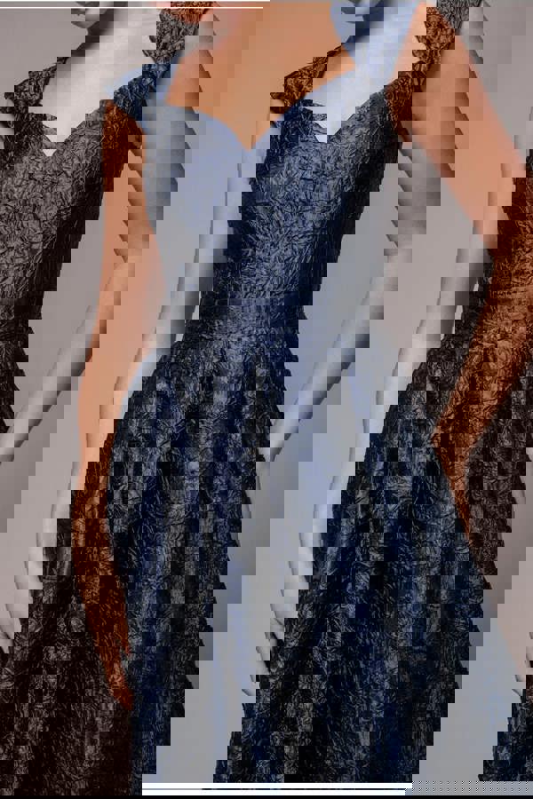 Crushed Satin Sleeveless A Line Midi Dress - Navy Blue DR4551