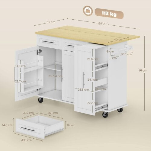 HOMCOM Kitchen Island on Wheels Drop Leaf Pull-out Storage Towel Rack, White