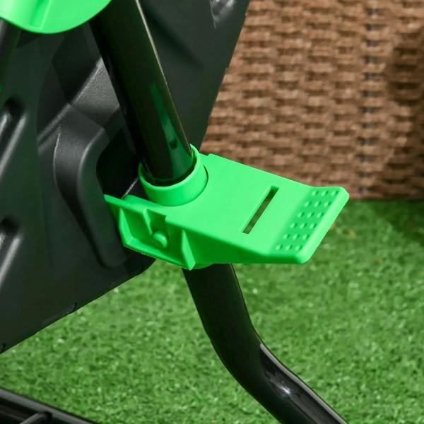 Green handle and latch on the side of a green and black rotating compost bin