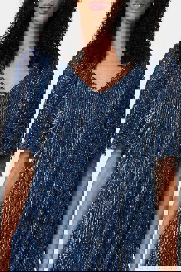 Blue | Semi Sheer Glittery Short Sleeve Top
