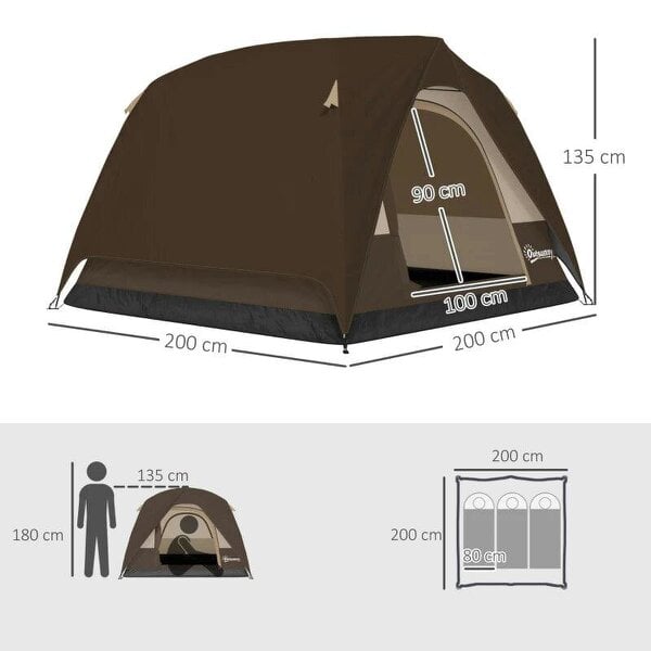 Camping Tent, Easy Set Up 2-3 Man Tent with Sewn-in Groundsheet, 3000 mm Dome Tent w/ Mesh Windows, Brown