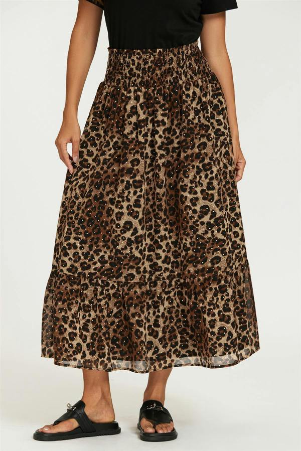 FS Collection Gold Foil Leopard Print Midi Skirt In Brown