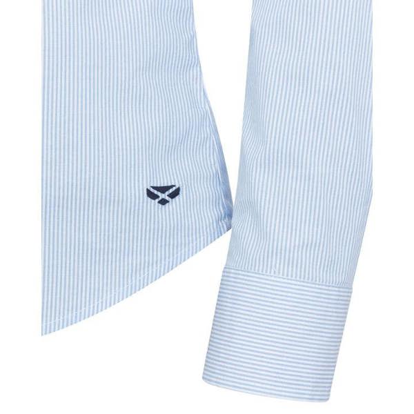 Close-up of Hoggs of Fife Ingliston ladies shirt fabric showing stretch material, stripe pattern and fine button detailing
