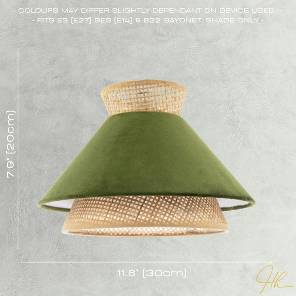 Designer Dark Olive Velvet and Natural Rattan Pendant Lighting Shade Image 6