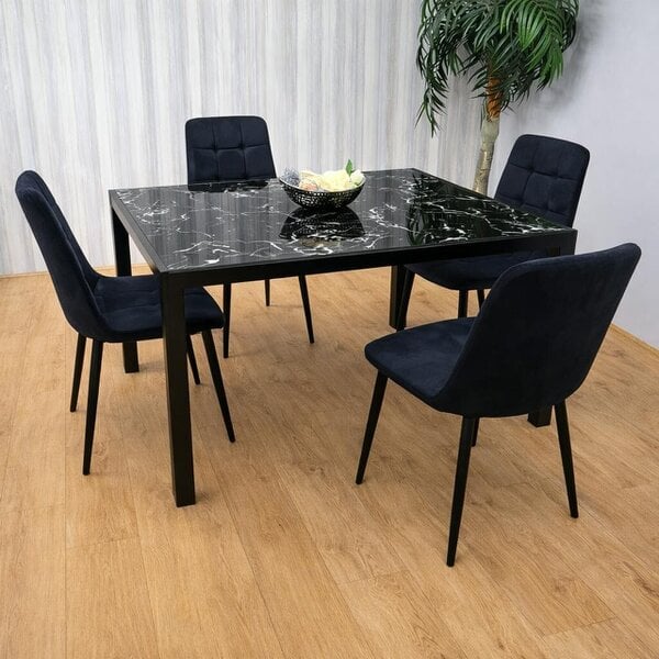 Kosy Koala Modern Black Glass Marble Effect Dining Table Set With 6 Black Chairs Dining Room Furniture - Table + 4 black valvet chairs