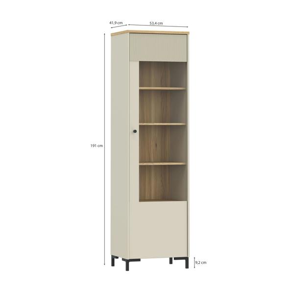 Furniture To Go Bixbite Tall Display Cabinet with Fluted Detail, Door & Open Shelving in Mauvella Oak and Sand
