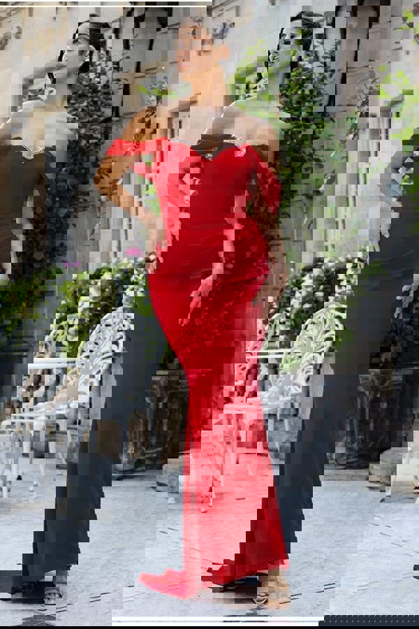 Off The Shoulder Draped Sleeve Maxi Dress With Diamante Neckline - Red DR4588