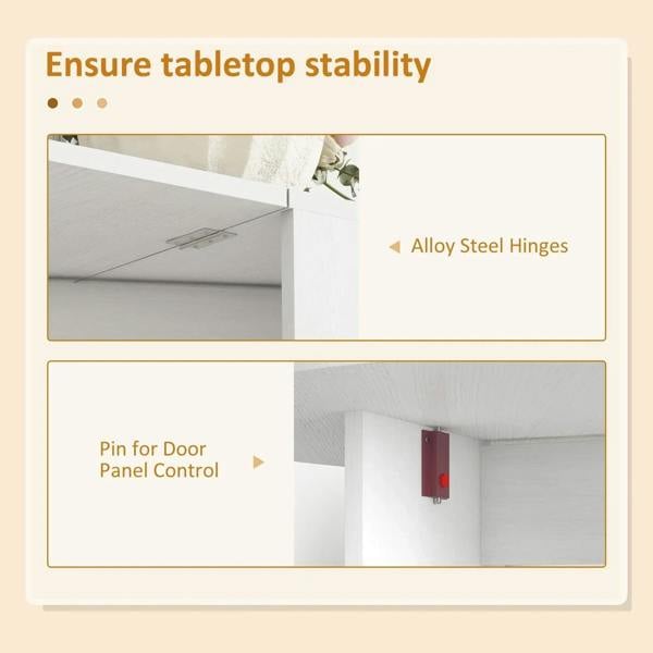 White drop-leaf folding dining table showing underside hinge and support panel