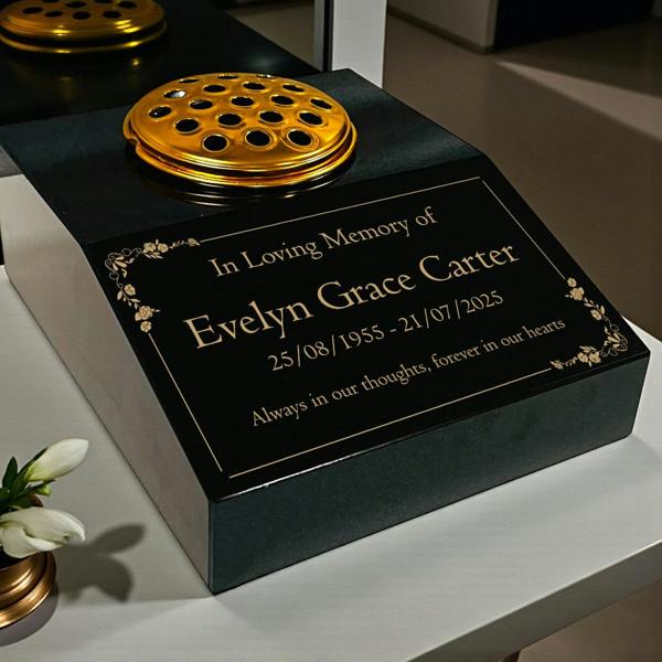 Memorials Direct Black Granite Sloping Memorial Desk with Vase – Floral Design, Free Gold Engraving