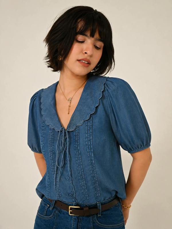 Rose & Nancy Olive Blue Denim Tencel Collar Blouse