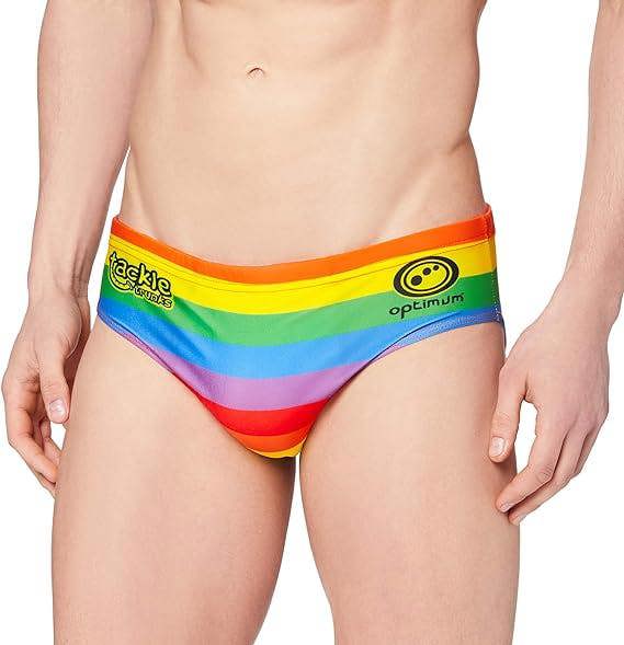 Optimum Tackle Trunks swim brief in horizontal rainbow stripes, front view on model with tackle trunks logo - Optimum