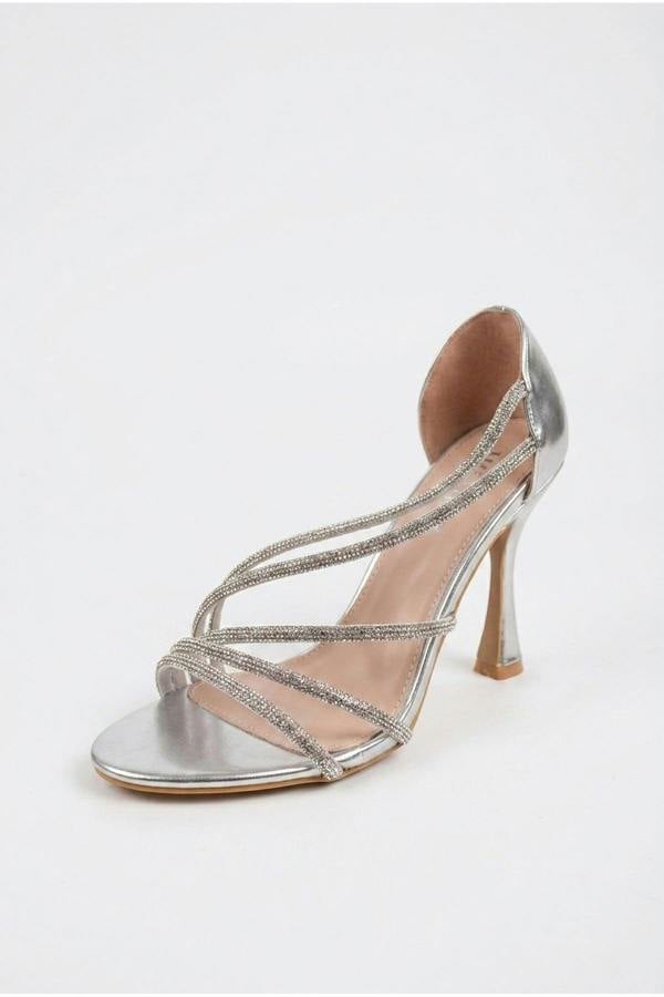 Thora Metallic Silver Rhinestone Strap Sandals - Silver