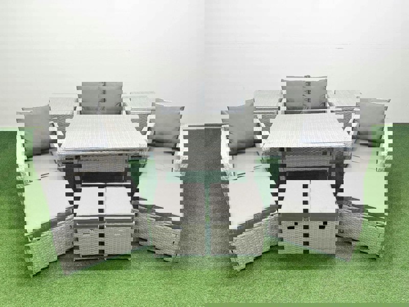 Fimous PE Rattan Lounge Sofa Set 8 Seater Outdoor Garden Furniture Set with Dining Table Love Sofa 2 Big Footstools Light Grey