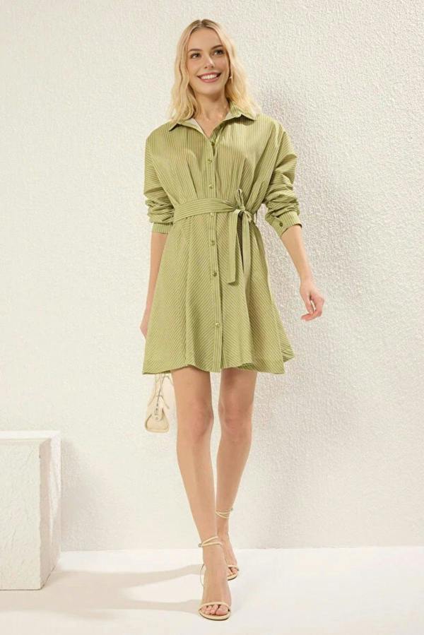 WOVCOR Striped Mini Woven Shirt Dress with Belt Detail