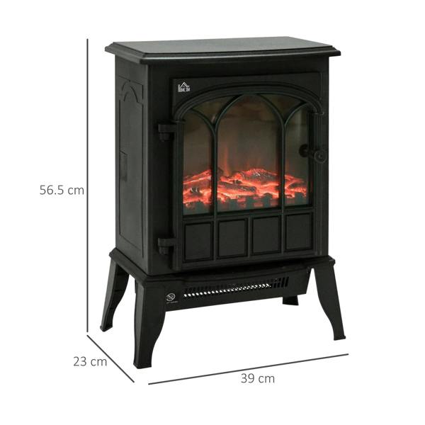Black freestanding electric stove fireplace with LED log flame and front glass door.